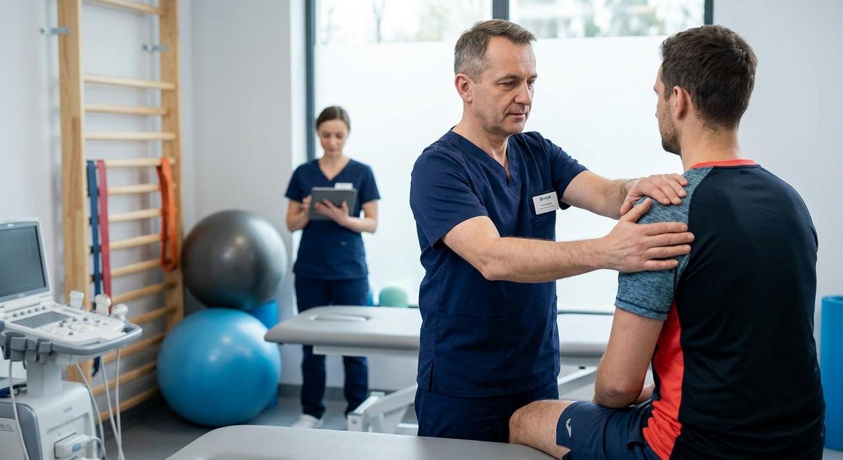 Konsultacja fizjoterapeutyczna w centrum medycznym – fizjoterapeuta wykonuje ocenę i dobiera zabiegi