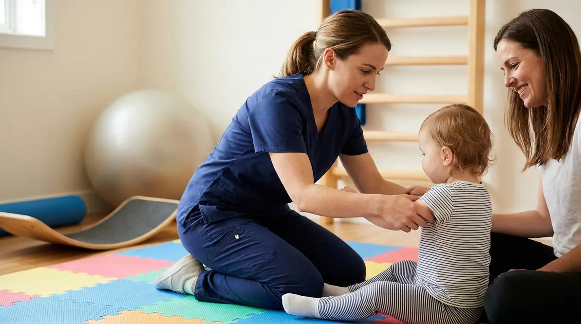 Zespół specjalistów fizjoterapii dziecięcej w centrum medycznym podczas rehabilitacji dziecka
