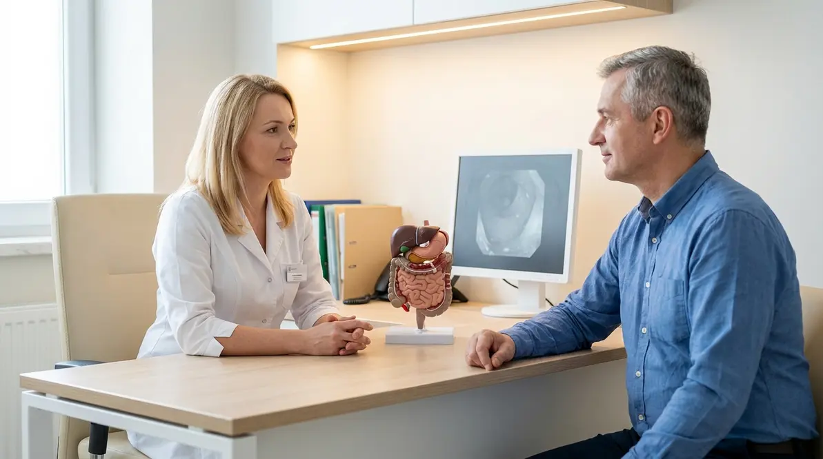 Prywatna konsultacja gastrologiczna w Białymstoku – lekarz bada brzuch pacjenta w centrum medycznym