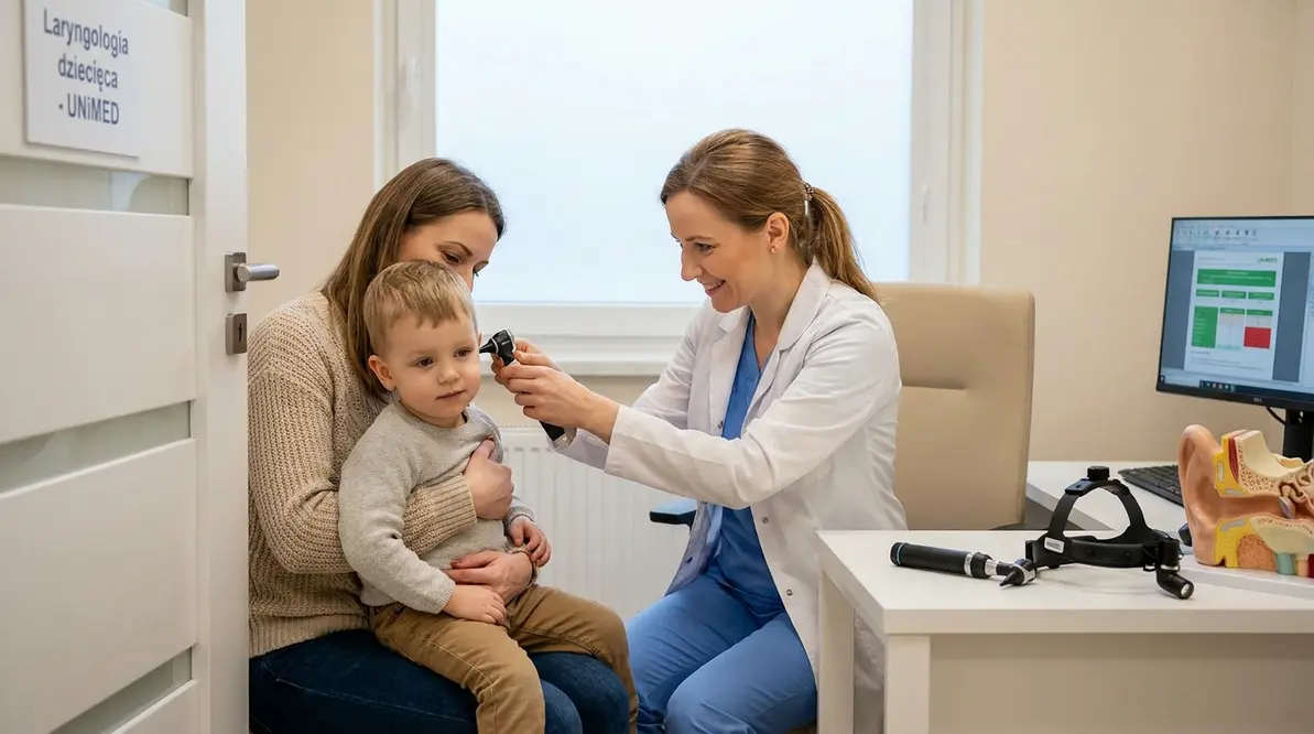 Laryngolog dziecięcy w Białymstoku bada ucho małego pacjenta w centrum medycznym