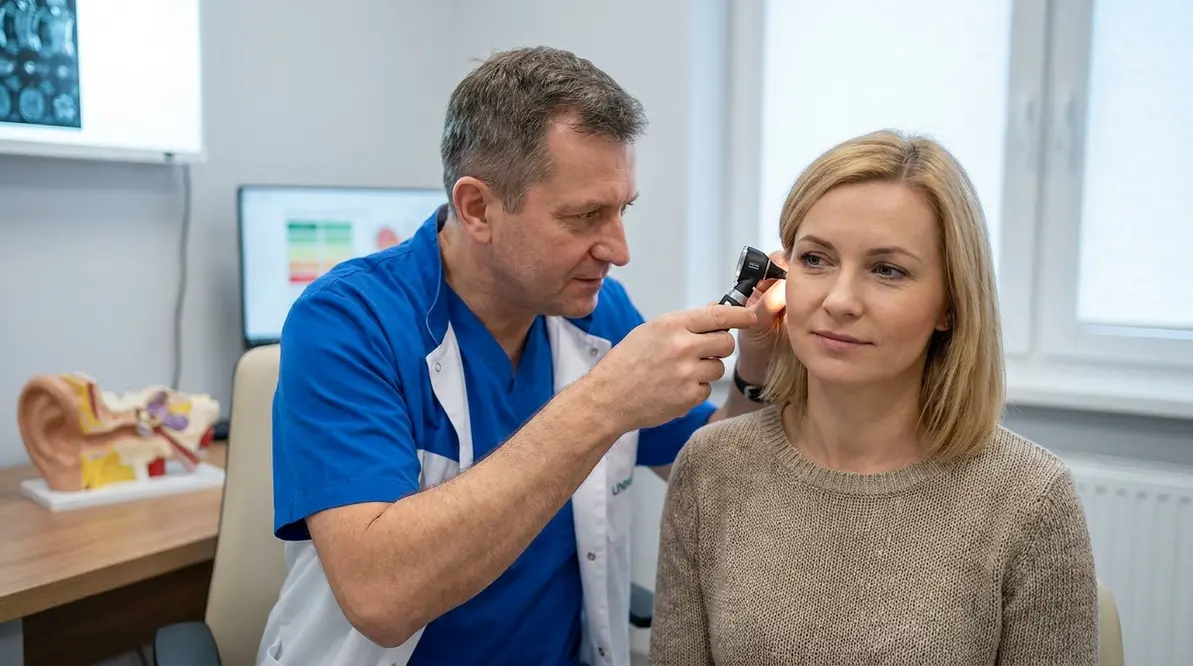 Laryngolog podczas prywatnej konsultacji uszu, nosa i gardła w centrum medycznym w Białymstoku