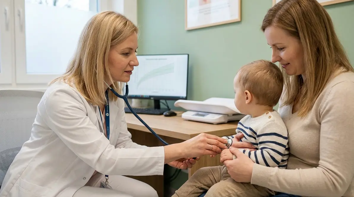 Pediatra w Białymstoku bada dziecko, zapewniając kompleksową opiekę od urodzenia do 18. roku życia