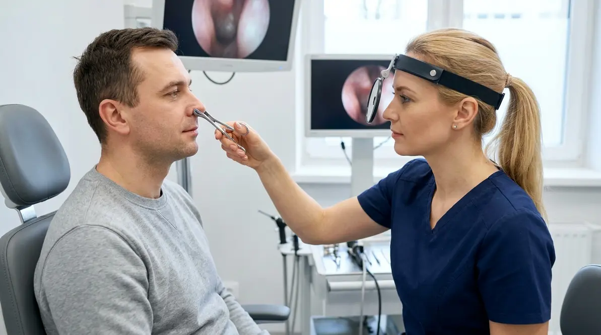 Lekarz laryngolog bada nos pacjenta w diagnostyce polipów nosa i przewlekłego zapalenia zatok