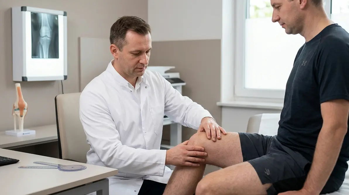 Ortopeda bada kolano pacjenta z urazem sportowym i przeciążeniem stawu