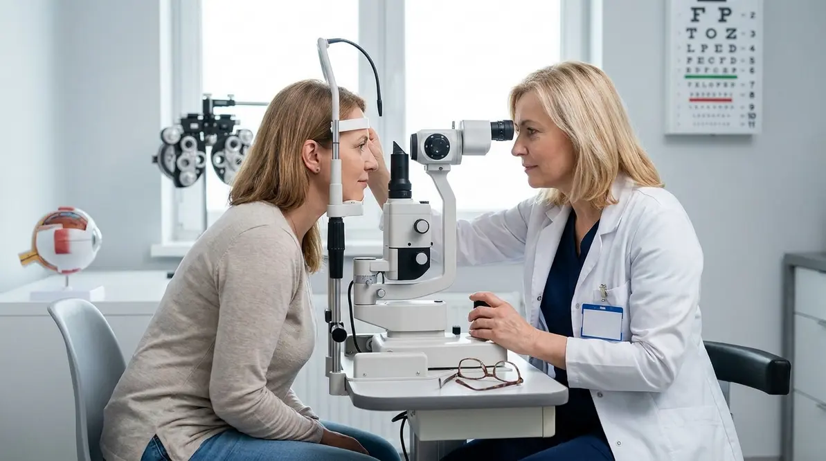 Badanie wzroku w poradni okulistycznej podczas diagnostyki zaćmy