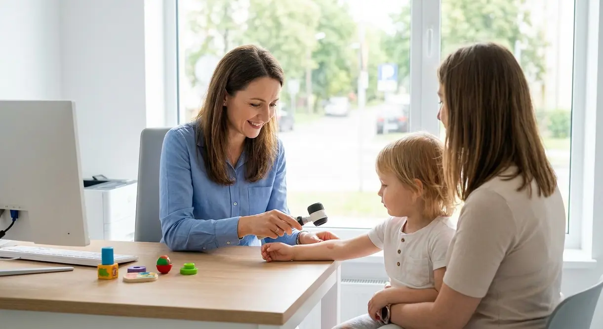 Dermatolog dziecięcy w Białymstoku bada skórę dziecka podczas konsultacji i diagnostyki