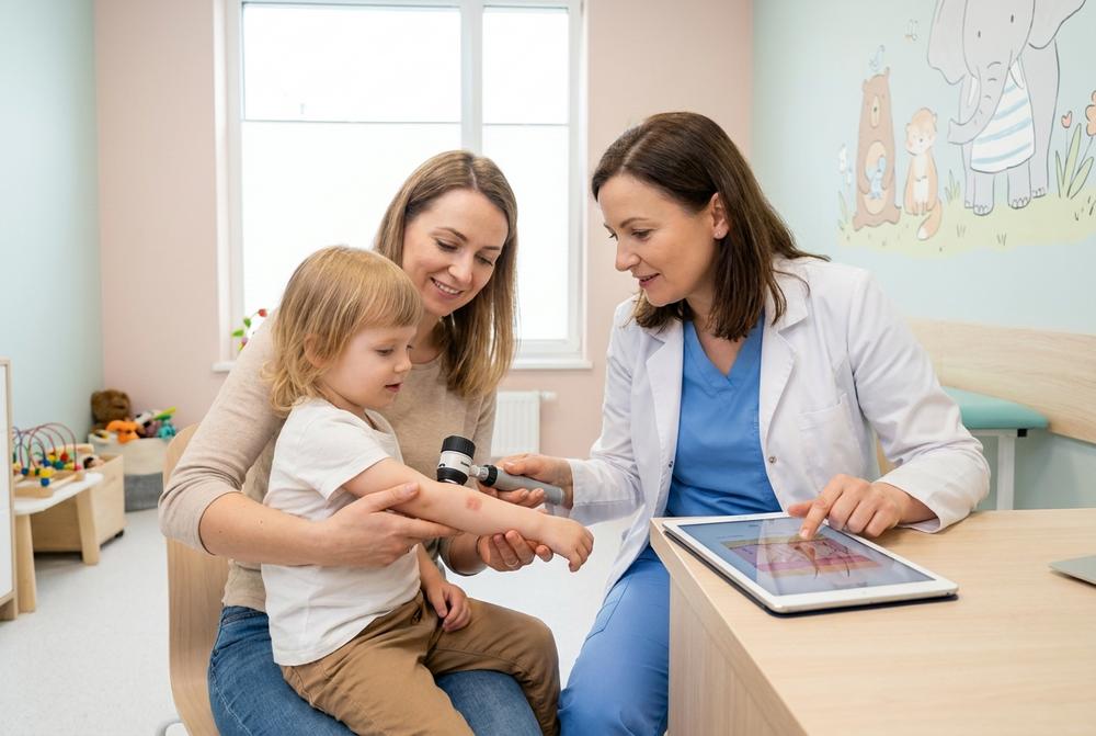 Konsultacja pediatryczna dla dziecka w gabinecie, dermatolog dziecięcy ocenia skórę