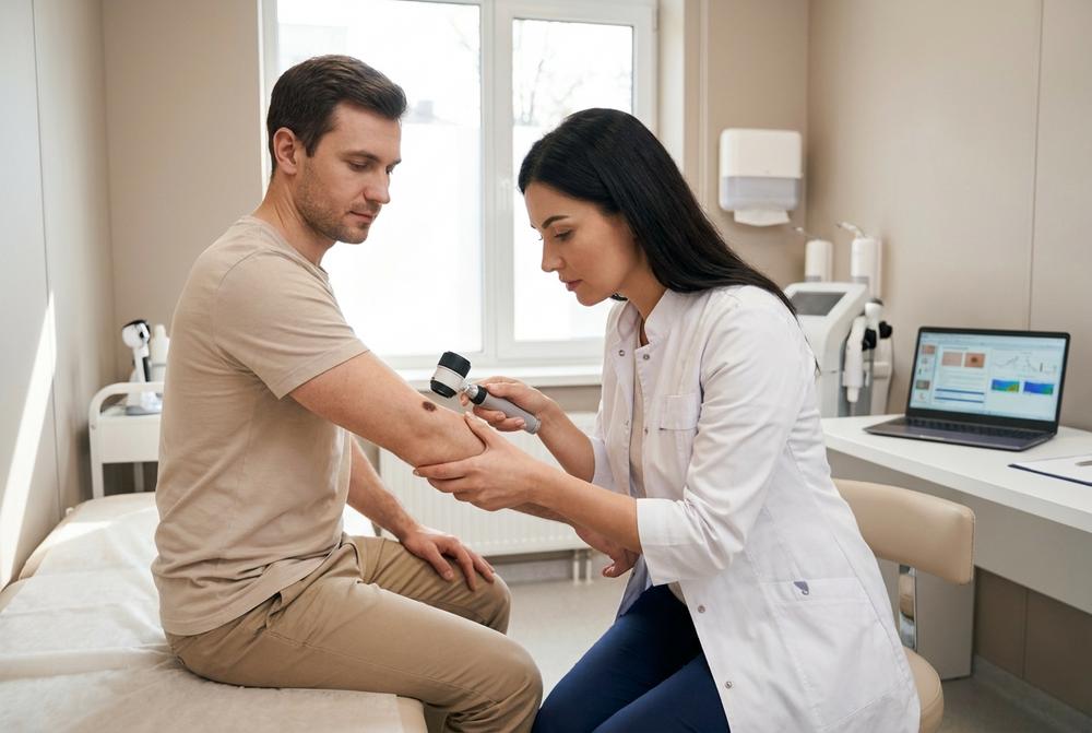 Dermatolog podczas konsultacji w prywatnej przychodni specjalistycznej, diagnostyka zmian skórnych