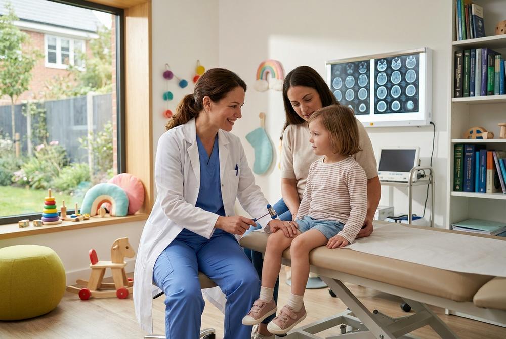 Neurolog dziecięcy podczas konsultacji małego pacjenta w centrum medycznym dla dzieci