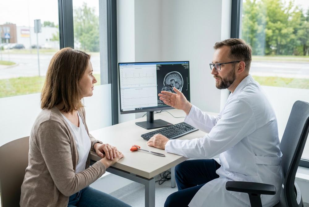Neurolog podczas konsultacji w prywatnej przychodni specjalistycznej z diagnostyką