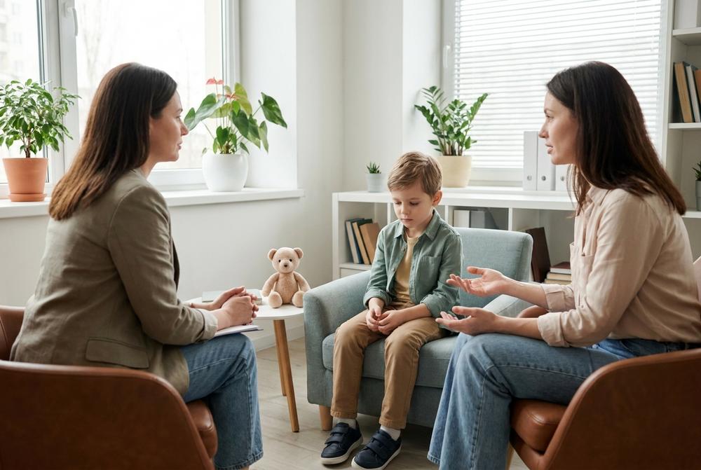 Lekarka pediatra rozmawia z dzieckiem w gabinecie, dostępny także psychiatra dziecięcy