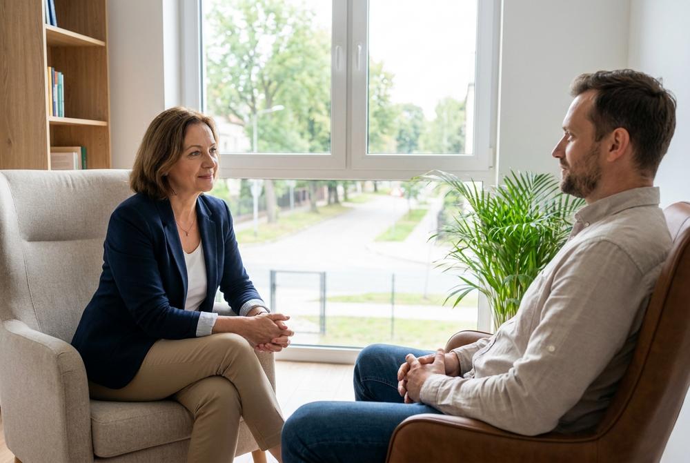 psycholog prowadzi konsultację w nowoczesnym gabinecie prywatnej przychodni specjalistycznej