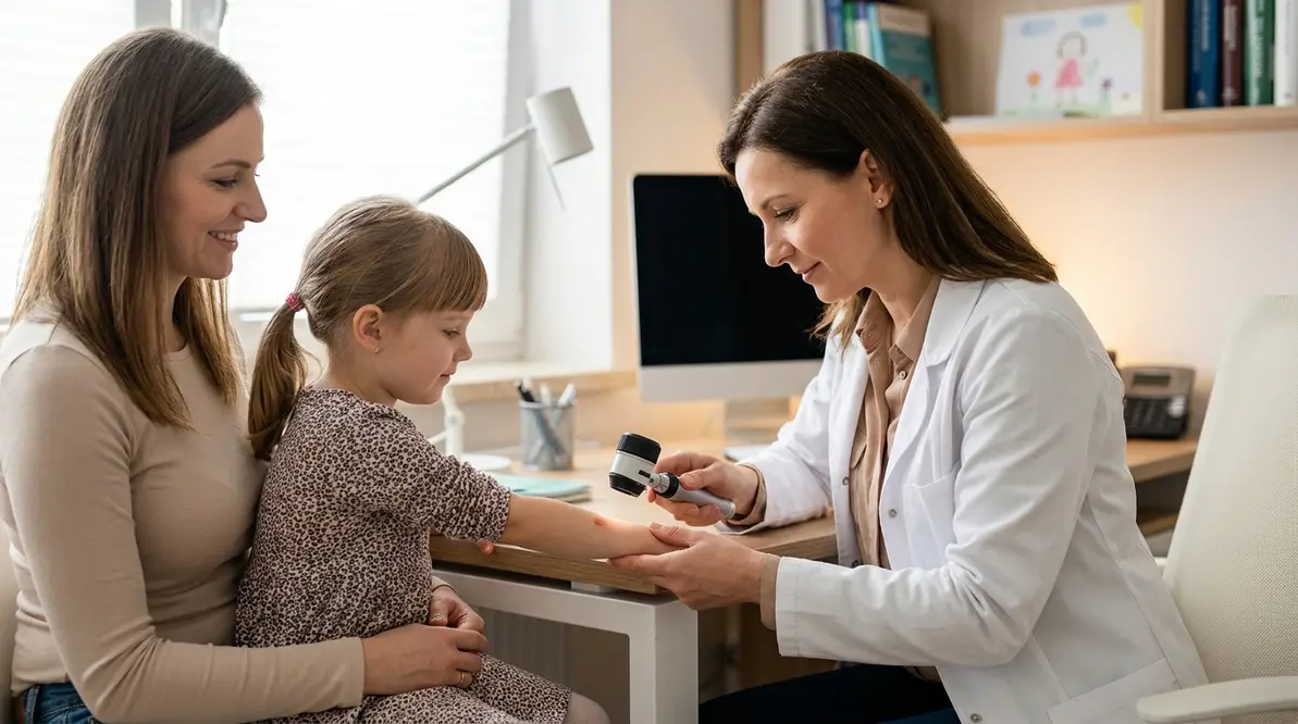 Dermatolog dziecięcy ocenia znamiona barwnikowe na plecach dziecka podczas konsultacji w Białymstoku