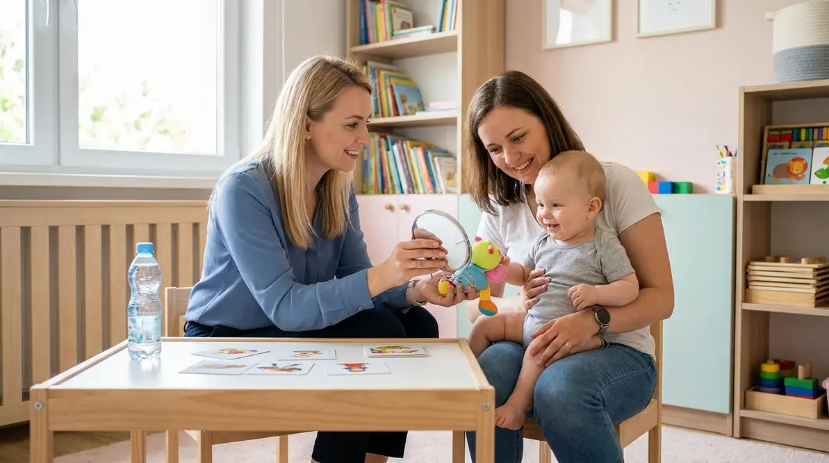 Logopeda ocenia oddychanie i połykanie noworodka podczas diagnozy w Białymstoku