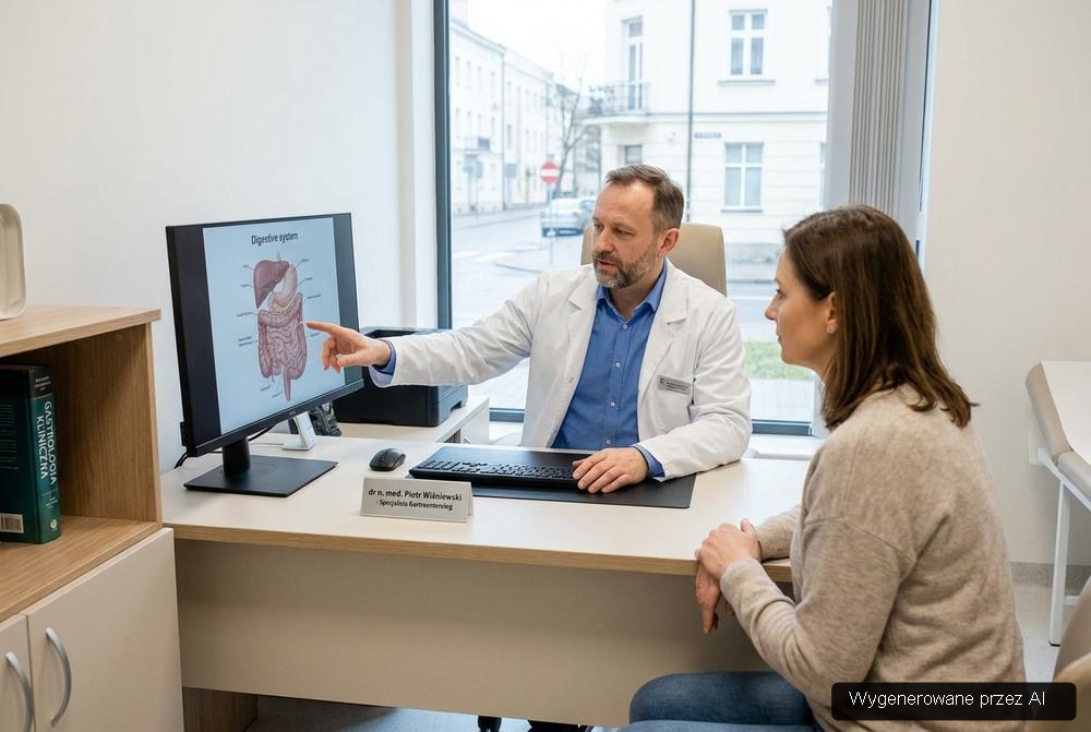 Gastrolog konsultuje pacjentkę w prywatnej przychodni specjalistycznej, w tle nowoczesna diagnostyka
