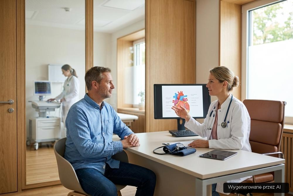 Kardiolog podczas konsultacji w prywatnej przychodni specjalistycznej z diagnostyką