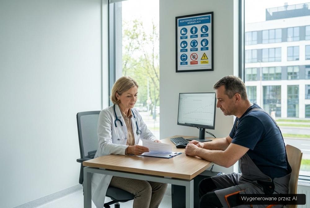 Lekarz medycyny pracy podczas konsultacji w prywatnej przychodni specjalistycznej i diagnostyki