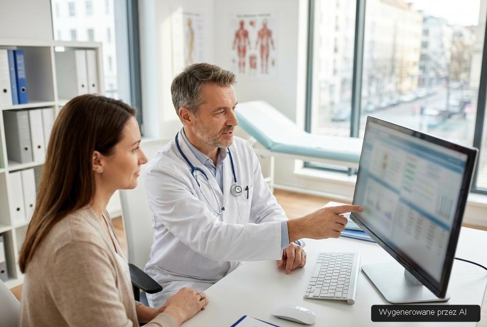 Lekarz rodzinny konsultuje pacjentkę w prywatnej przychodni specjalistycznej podczas diagnostyki