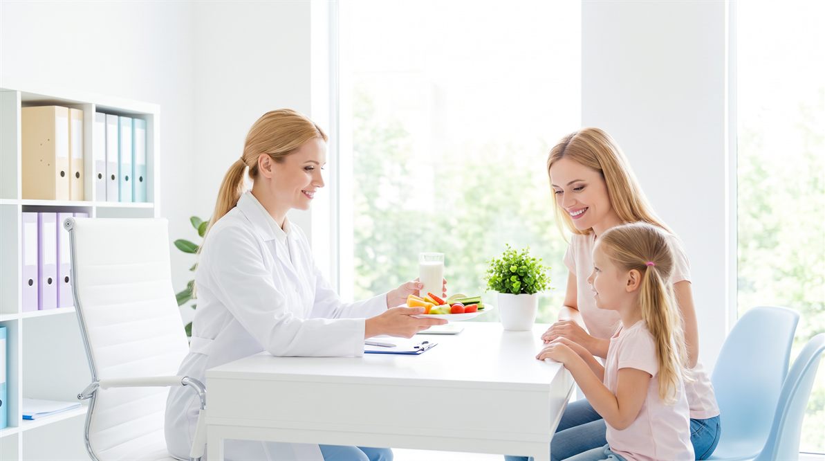 Lekarz omawia z rodzicem i dzieckiem zasady diety leczniczej w poradni metabolicznej