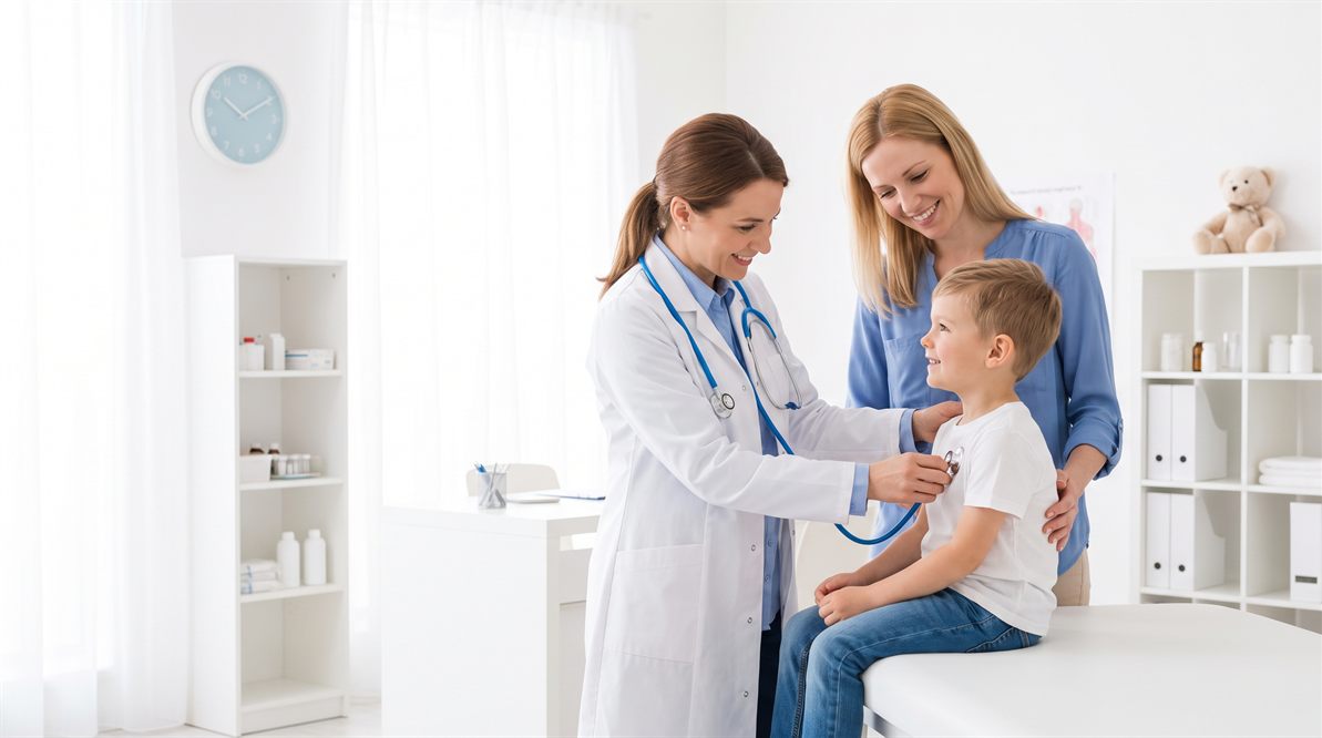 Lekarz pediatra podczas konsultacji z dzieckiem i rodzicem w poradni metabolicznej