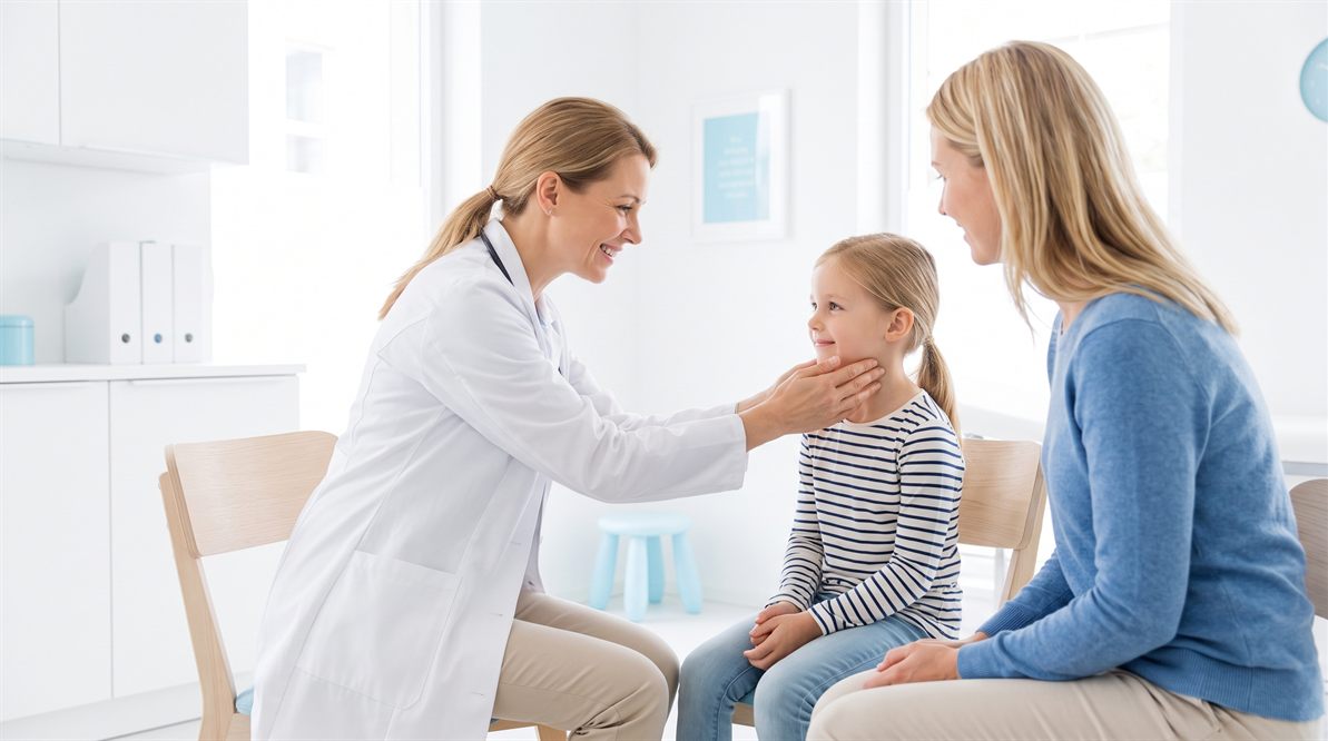 Badanie węzłów chłonnych u dziecka podczas konsultacji hematologicznej