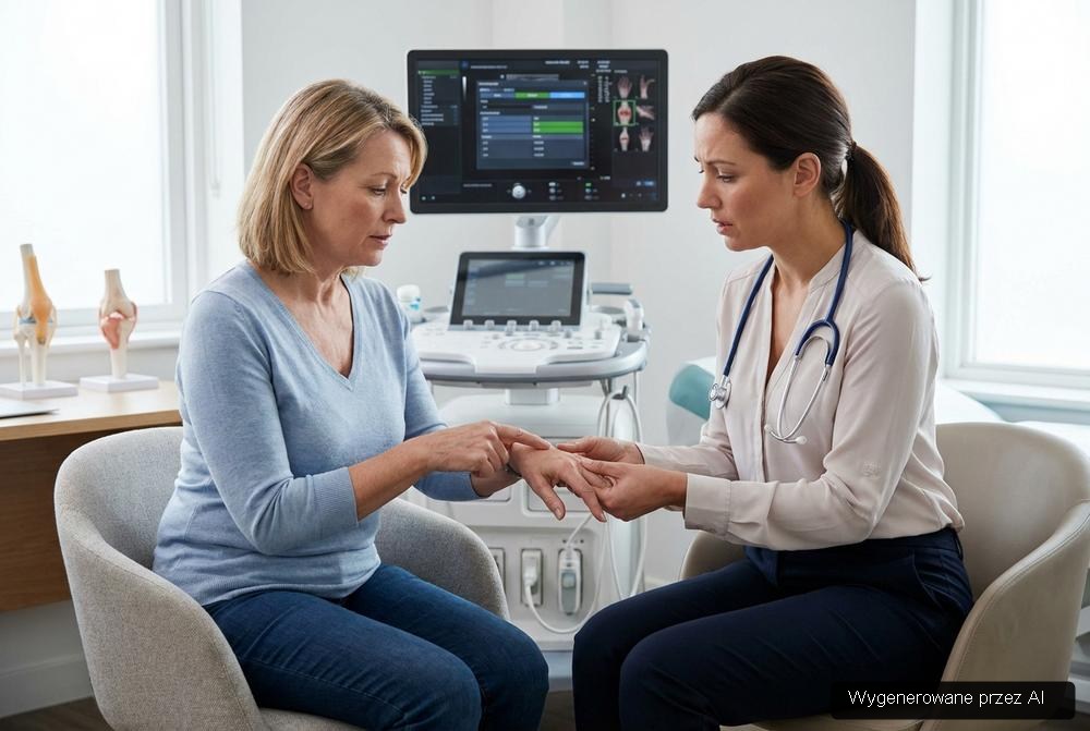 Reumatolog podczas konsultacji w przychodni specjalistycznej, ocena wyników badań i diagnostyka