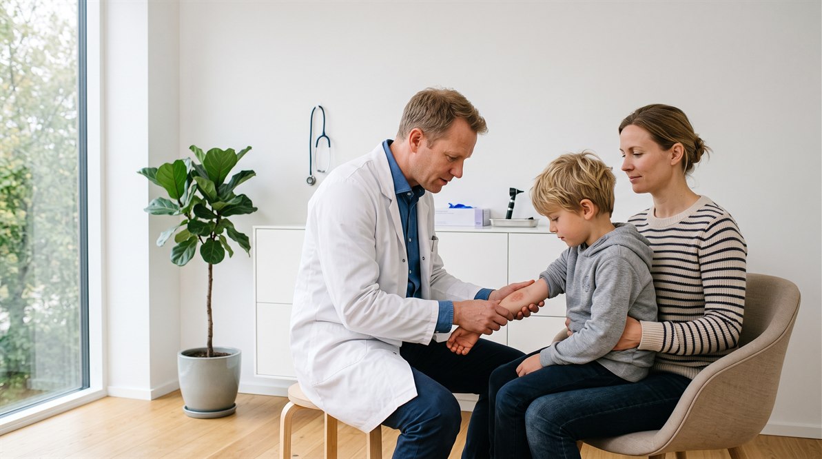 Diagnostyka chorób zakaźnych u dzieci - lekarz ogląda zmianę skórną po ukłuciu kleszcza