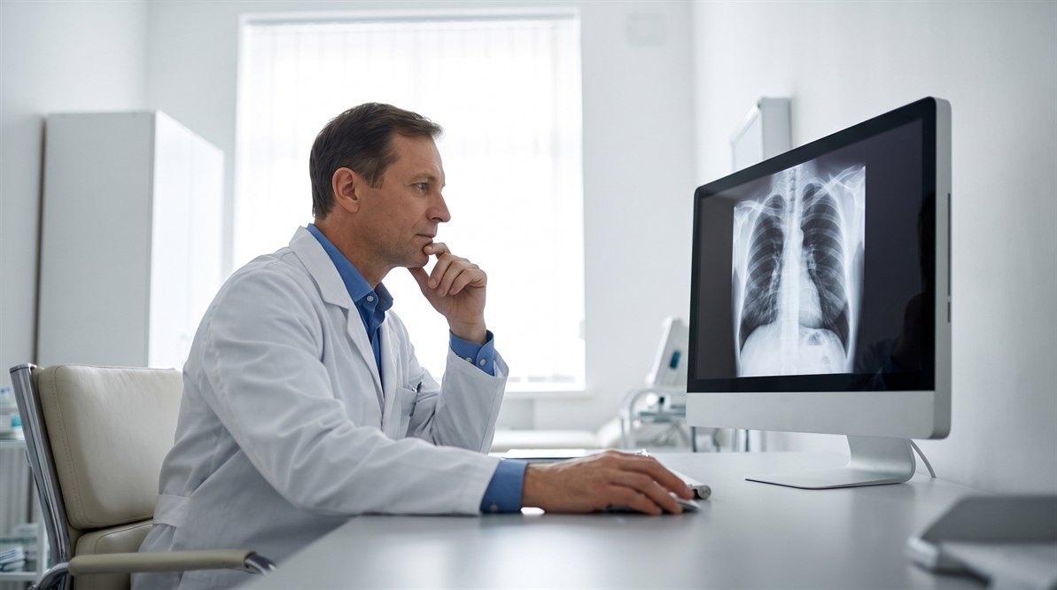Radiolog opisuje zdjęcie RTG klatki piersiowej dziecka na stacji diagnostycznej