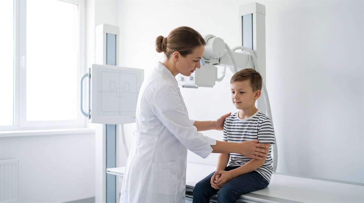Technik ustawia dziecko do zdjęcia RTG w pracowni radiologicznej w Białymstoku